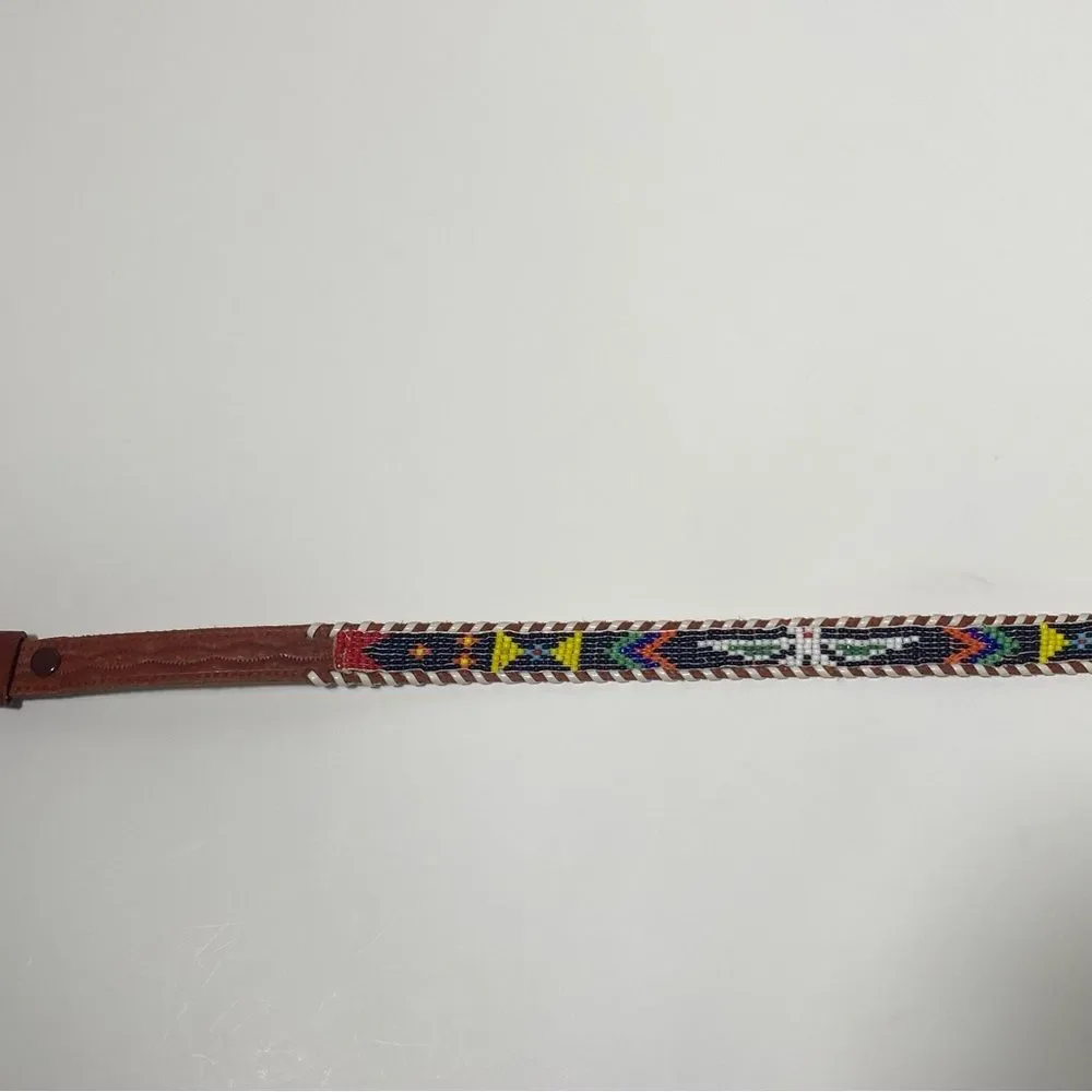 Vintage Genuine Cowhide Hand Beaded & Laced Aztec Tooled Leather Belt Size 24